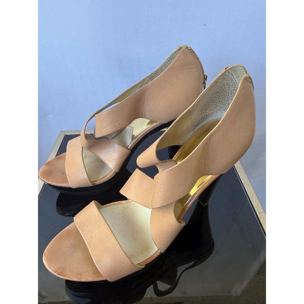 Michael Kors Tan Leather Crisscross Platform Sandals Gold Zip High Heels Womens - Picture 4 of 6